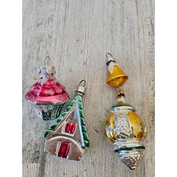 Vintage glass cupcake Church chapel Bell mini ornament set Xmas tree - Picture 1 of 11